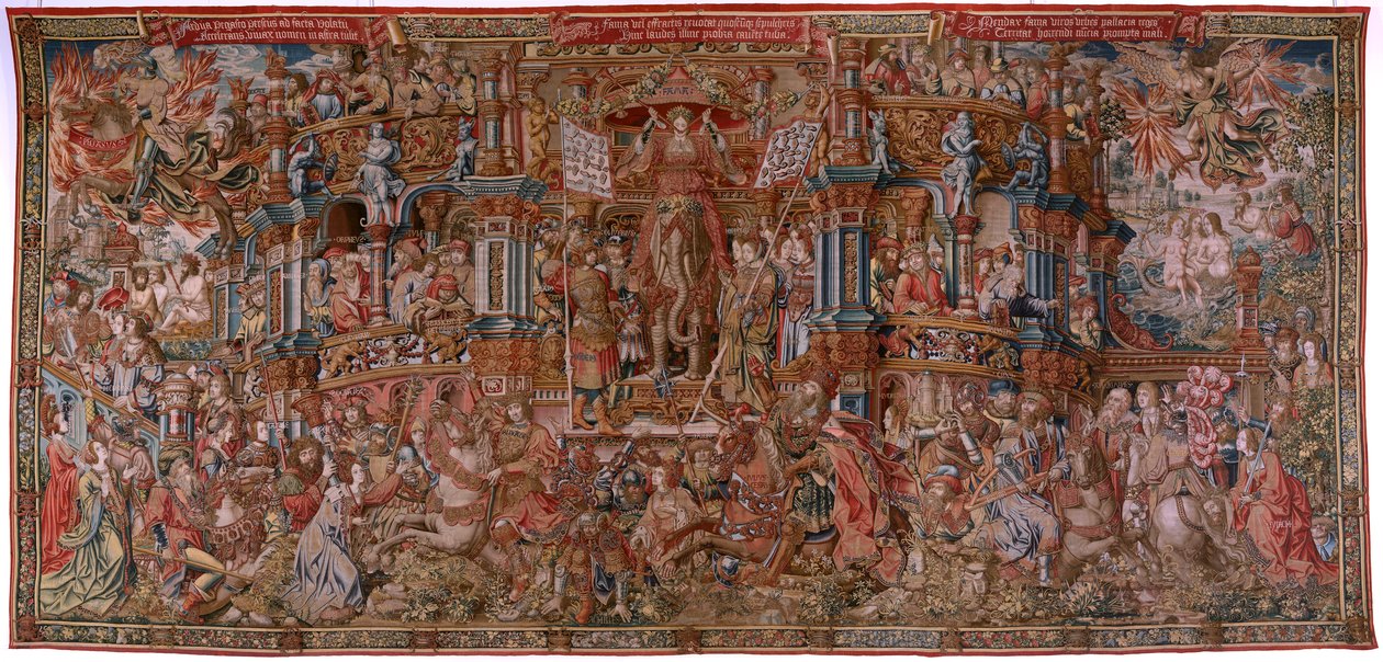 flamländsk gobeläng. Serien The Honours. Fame (La Fama). Tredje gobelängen i serien. Modelltecknare från Bernard van Orleys och Jan Gossaerts krets (Mabuse). Tillverkning Pieter van Aelst, Bryssel. Ca 1550. Tyg Guld, silver, siden och ull. av Bernard van Orley