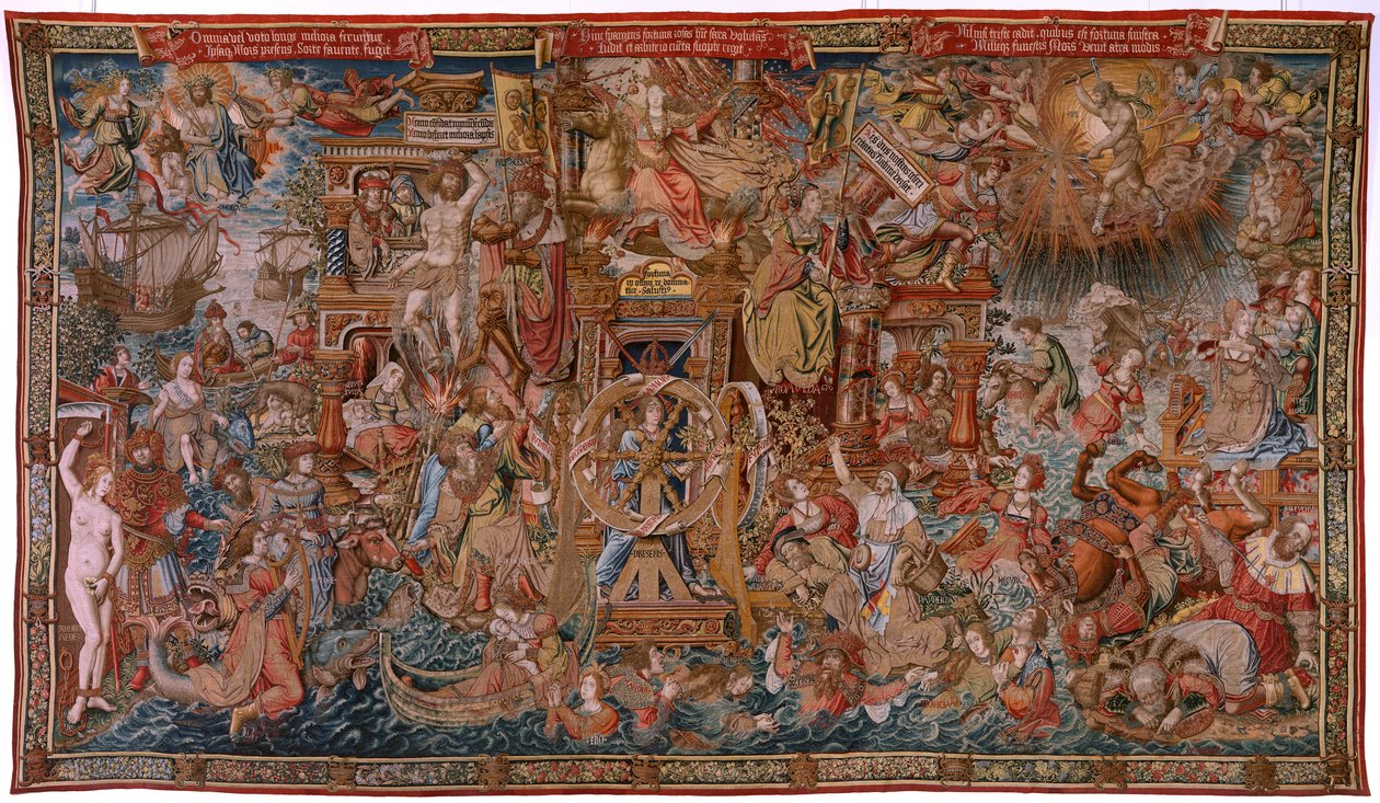 flamländsk gobeläng. Serien The Honours. Fortune, The Way to the Honors (La Fortuna, Camino de los Honores). Femte gobeläng i serien. Modelltecknare från Bernard van Orleys och Jan Gossaert de Mabuses krets. Tillverkning Pieter van Aelst, Brusse av Bernard van Orley