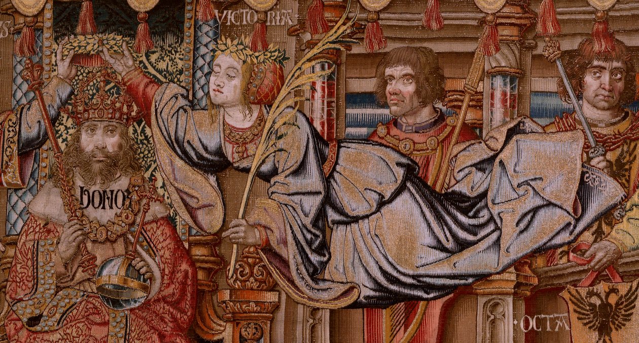 flamländsk gobeläng. Serien The Honours. Honor (El Honor). Andra gobeläng i serien. Modelltecknare från Bernard van Orleys och Jan Gossaerts krets (Mabuse). Tillverkning Pieter van Aelst, Bryssel. Ca 1550. Tyg Guld, silver, siden och ull. av Bernard van Orley