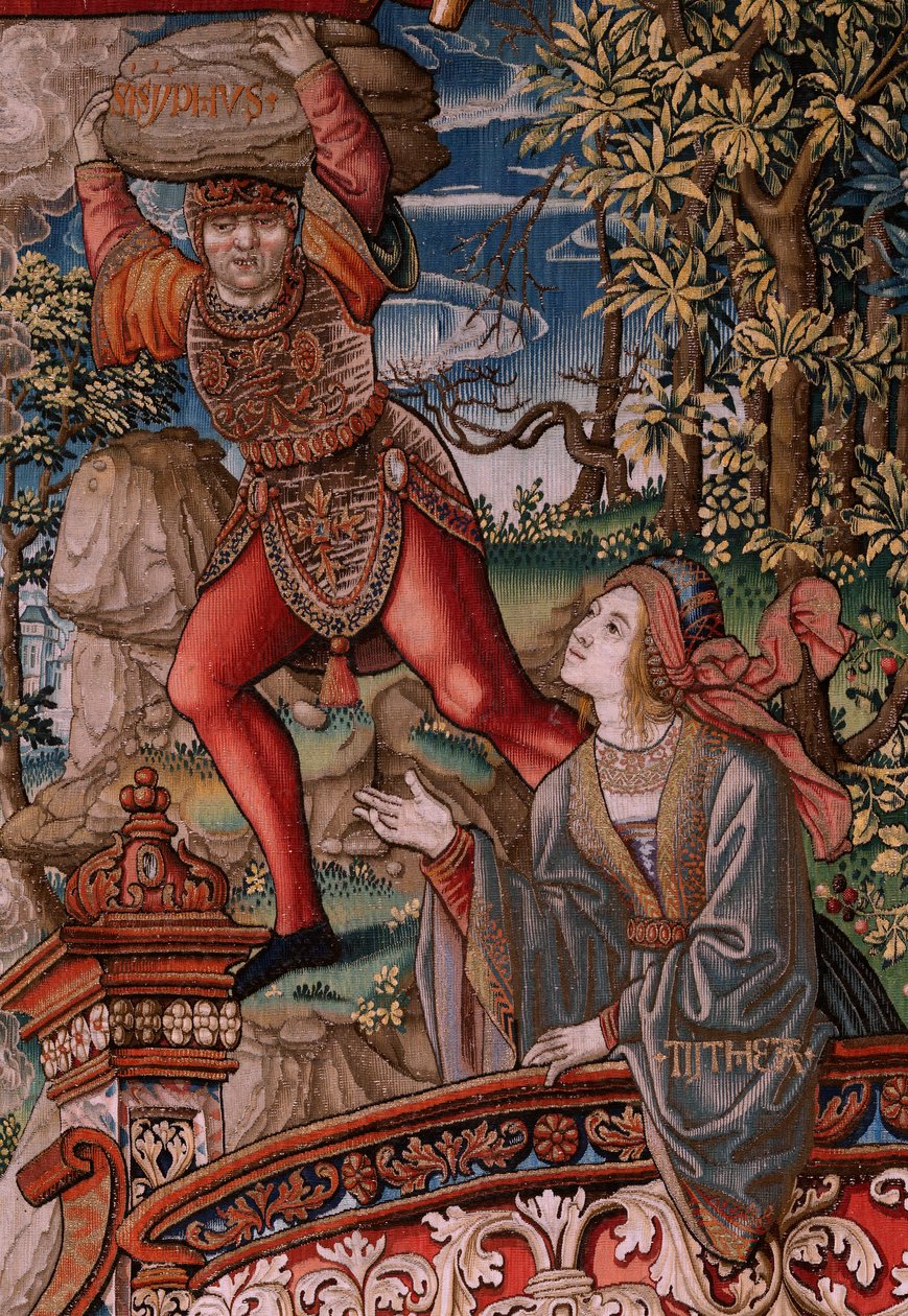 flamländsk gobeläng. Serien The Honours. Rättvisa (La Justicia, Los Honores). Nionde gobeläng i serien. Modelltecknare från Bernard van Orleys och Jan Gossaerts krets (Mabuse). Tillverkning Pieter van Aelst, Bryssel. Ca 1550. Tyg Guld, silver, av Bernard van Orley