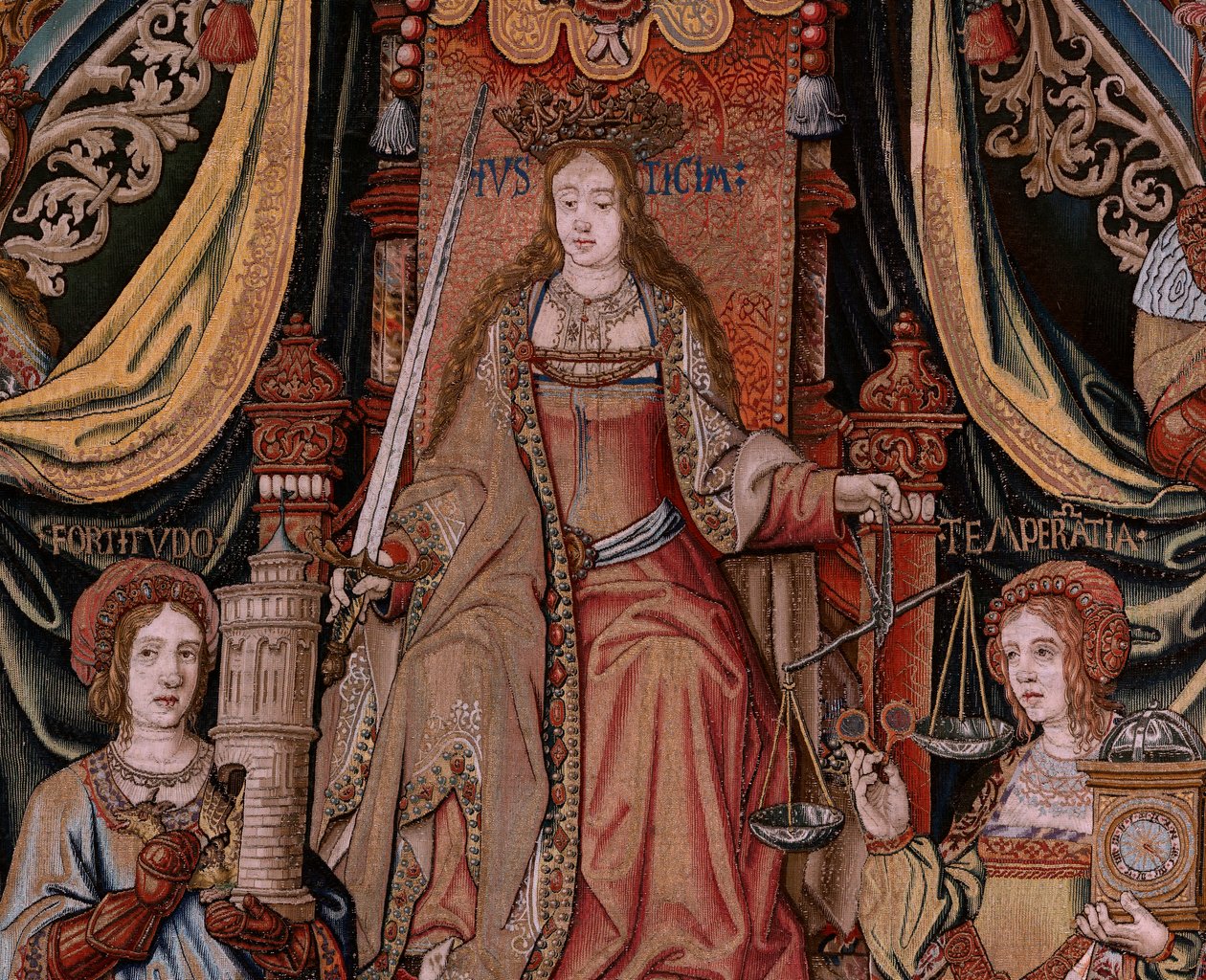 flamländsk gobeläng. Serien The Honours. Rättvisa (La Justicia, Los Honores). Nionde gobeläng i serien. Modelltecknare från Bernard van Orleys och Jan Gossaerts krets (Mabuse). Tillverkning Pieter van Aelst, Bryssel. Ca 1550. Tyg Guld, silver, av Bernard van Orley