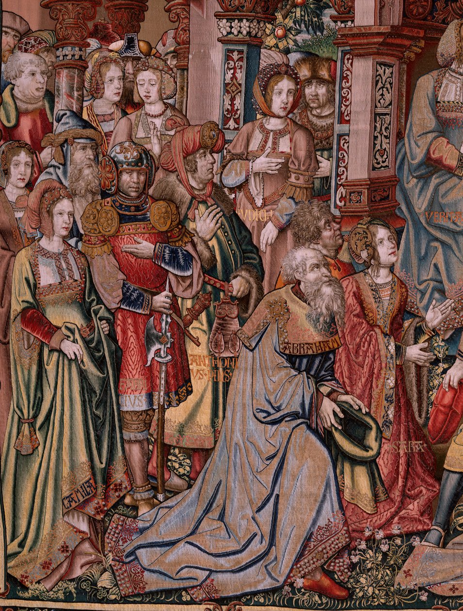 flamländsk gobeläng. Serien The Honours. Rättvisa (La Justicia, Los Honores). Nionde gobeläng i serien. Modelltecknare från Bernard van Orleys och Jan Gossaerts krets (Mabuse). Tillverkning Pieter van Aelst, Bryssel. Ca 1550. Tyg Guld, silver, av Bernard van Orley