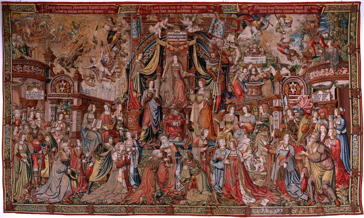 flamländsk gobeläng. Serien The Honours. Rättvisa (La Justicia, Los Honores). Nionde gobeläng i serien. Modelltecknare från Bernard van Orleys och Jan Gossaerts krets (Mabuse). Tillverkning Pieter van Aelst, Bryssel. Ca 1550. Tyg Guld, silver, av Bernard van Orley