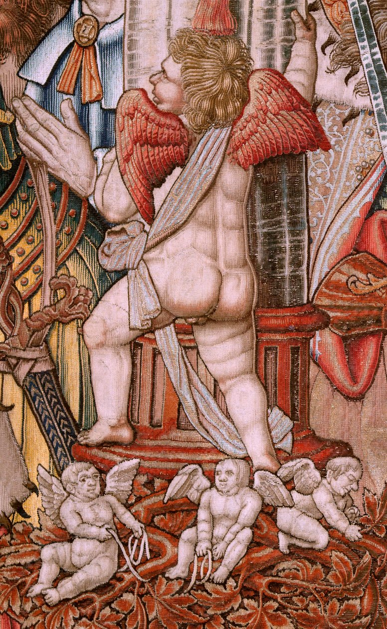 flamländsk gobeläng. Serien The Honours; Adel (La Nobleza). Fjärde gobelängen i serien. Modelltecknare från Bernard van Orleys och Jan Gossaerts krets (Mabuse). Tillverkning Pieter van Aelst, Bryssel. Ca 1550. Tyg Guld, silver, siden och woo av Bernard van Orley