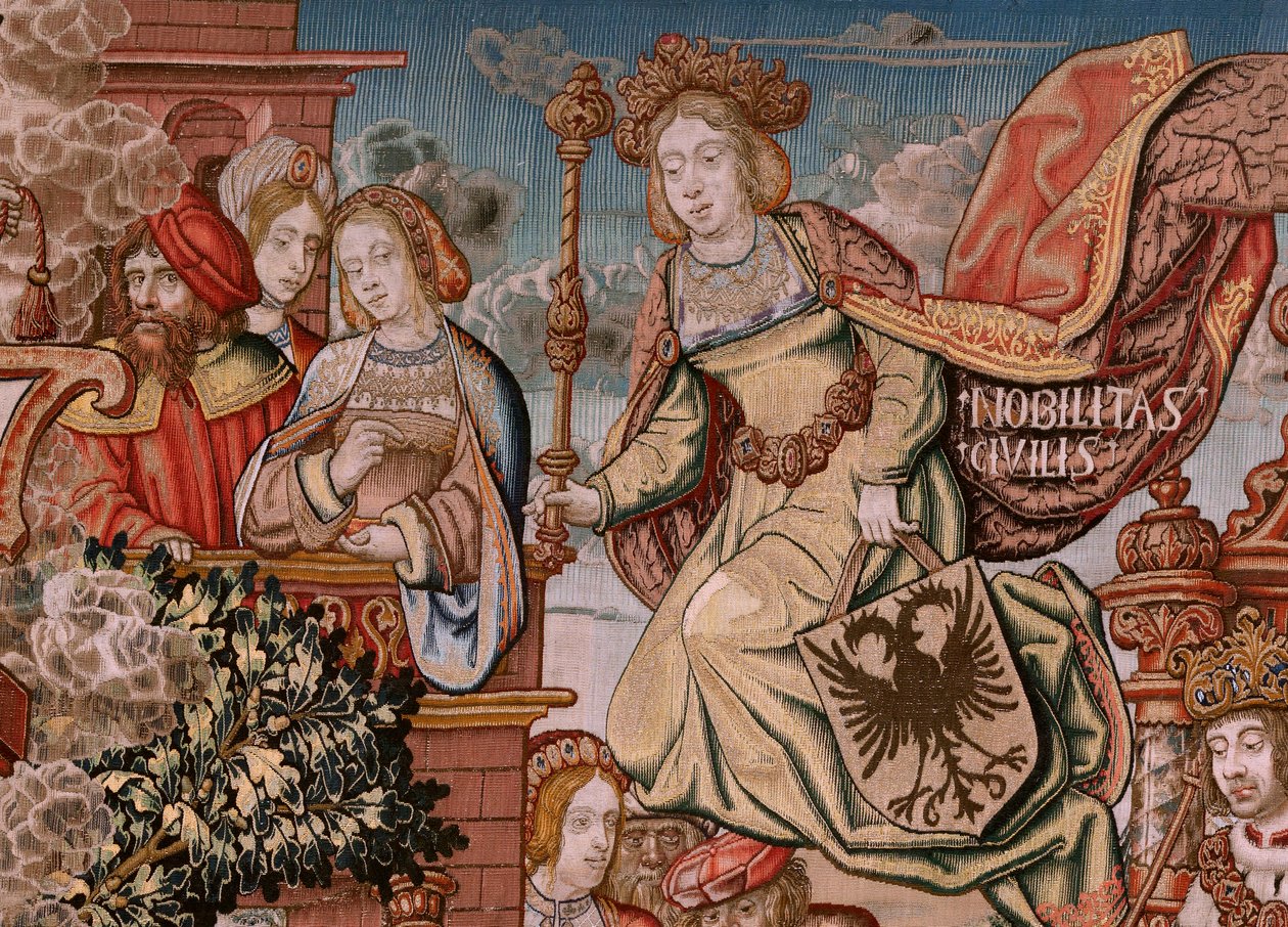 flamländsk gobeläng. Serien The Honours; Adel (La Nobleza). Fjärde gobelängen i serien. Modelltecknare från Bernard van Orleys och Jan Gossaerts krets (Mabuse). Tillverkning Pieter van Aelst, Bryssel. Ca 1550. Tyg Guld, silver, siden och woo av Bernard van Orley