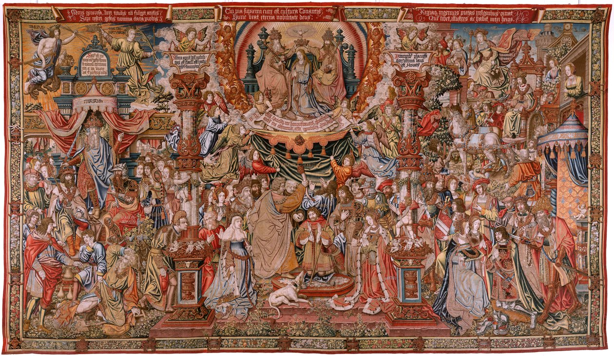 flamländsk gobeläng. Serien The Honours; Adel (La Nobleza). Fjärde gobelängen i serien. Modelltecknare från Bernard van Orleys och Jan Gossaerts krets (Mabuse). Tillverkning Pieter van Aelst, Bryssel. Ca 1550. Tyg Guld, silver, siden och woo av Bernard van Orley