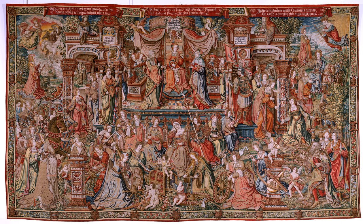 flamländsk gobeläng. Serien The Honours; Prudence (La Prudencia). Sjunde gobeläng i serien. Modelltecknare från Bernard van Orleys och Jan Gossaerts krets (Mabuse). Tillverkning Pieter van Aelst, Bryssel. Ca 1550. Tyg Guld, silver, siden och w av Bernard van Orley