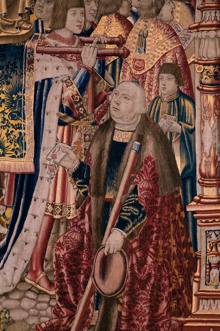 flamländsk gobeläng. Serie The Legend of the Madonna of the Sablon (The Legend of Our Lady of the Sablon). Ankomsten av statyn av Madonnan. Tillverkning i Bryssel. Serietecknaren Barend van Orley av Bernard van Orley