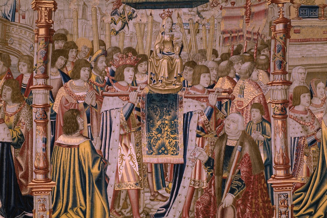 flamländsk gobeläng. Serie The Legend of the Madonna of the Sablon (The Legend of Our Lady of the Sablon). Ankomsten av statyn av Madonnan. Tillverkning i Bryssel. Serietecknaren Barend van Orley av Bernard van Orley