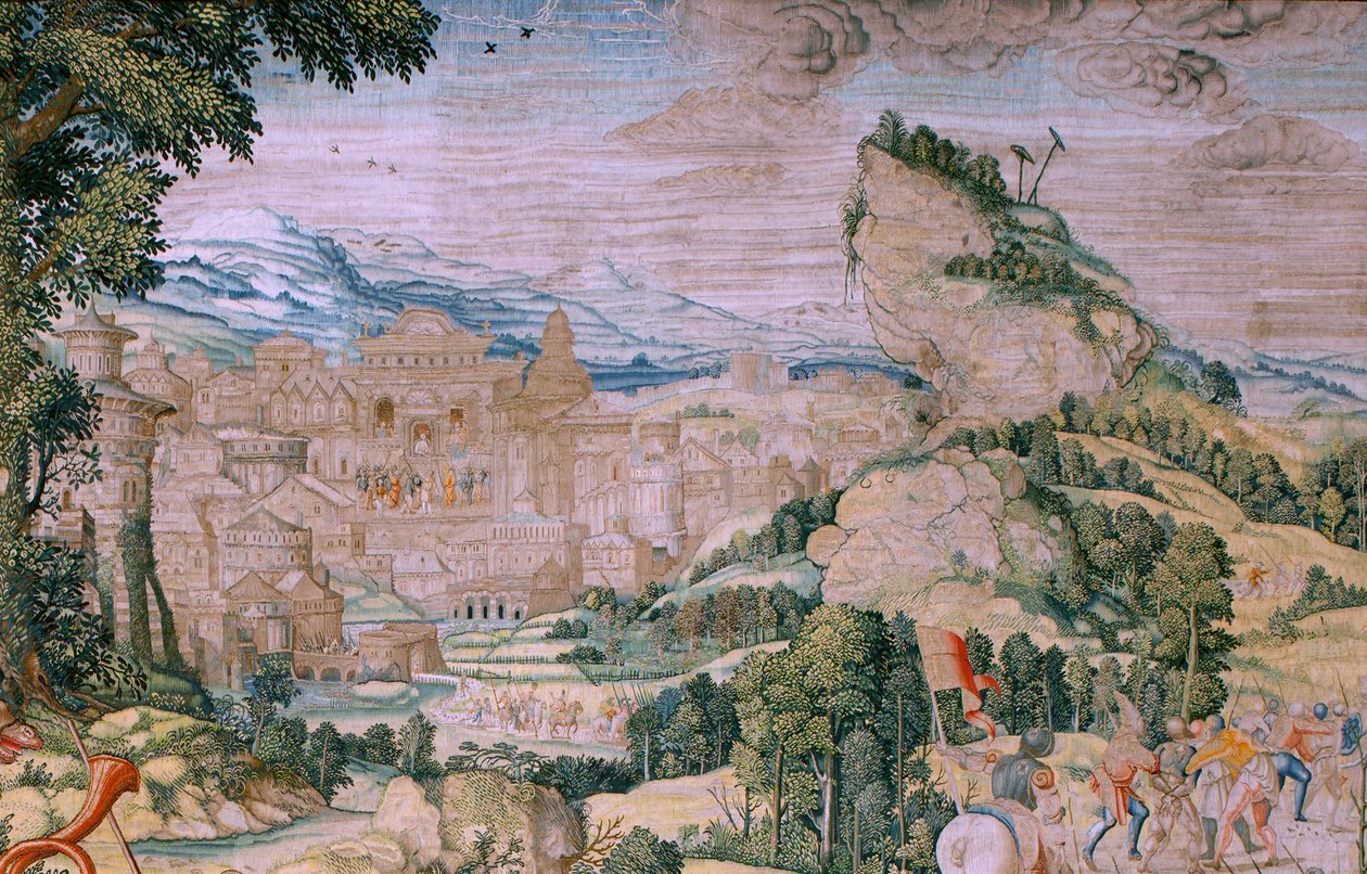 flamländsk gobeläng. Serien The Passion of Christ. Fall på väg till Golgata (Caída en el camino del Calvario). Andra gobeläng i serien. Modeller Tecknaren Bernard van Orley. Tillverkning Pieter de Pannemaker, Bryssel. Ca 1518-1523. Tyg guld, silver, av Bernard van Orley