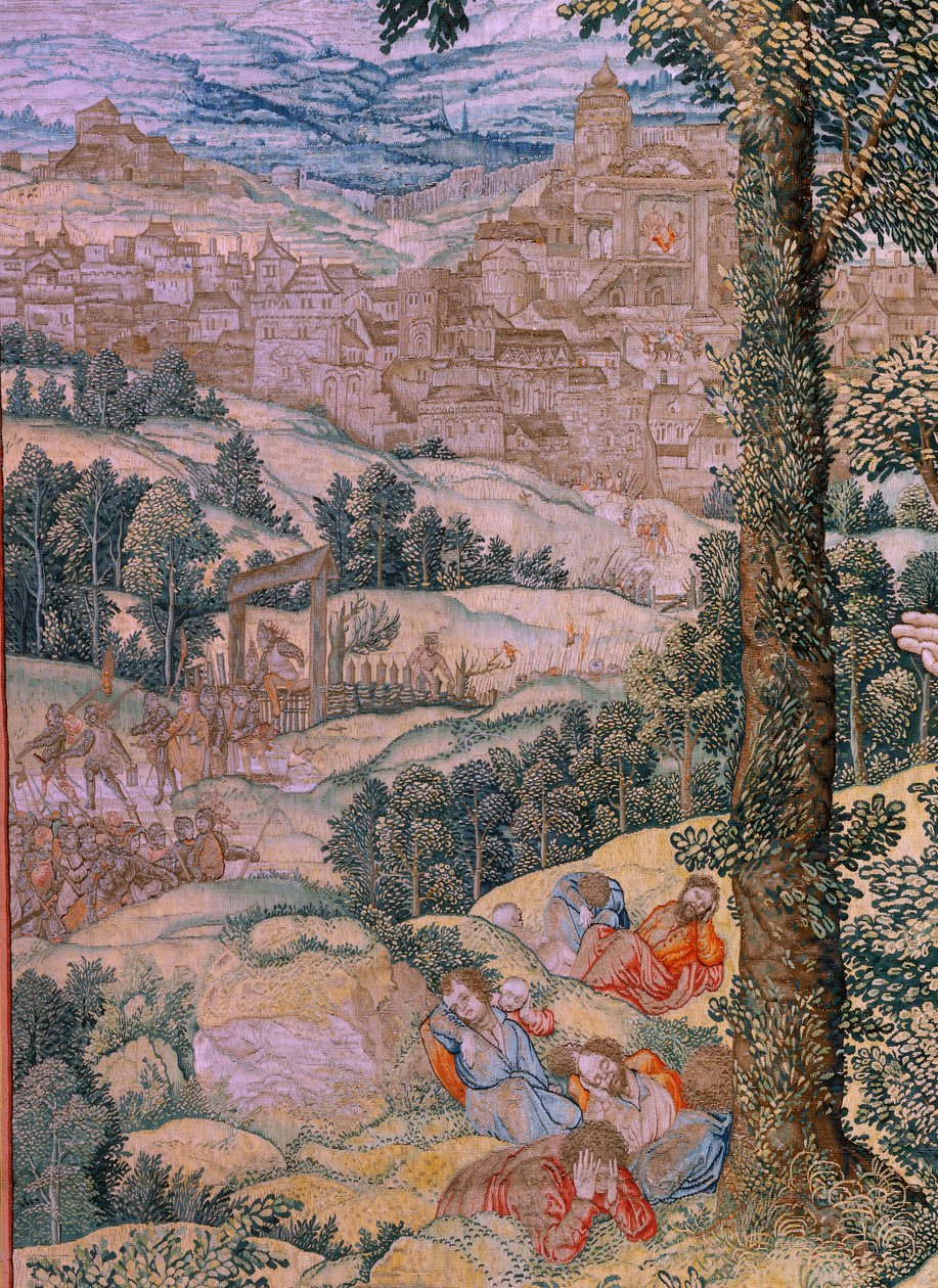 flamländsk gobeläng. Serien The passion of Christ (The square passion). Kristus på Oljeberget. Tillverkning Pieter de Pannemaeker, Bryssel. Serietecknaren Barend van Orley. Omkring 1518-1522. av Bernard van Orley