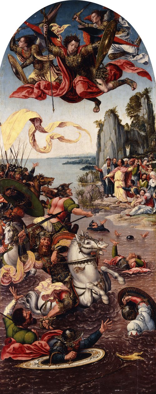 Moses delar Röda havet i närvaro av den helige Mikael, av Bernard van Orley