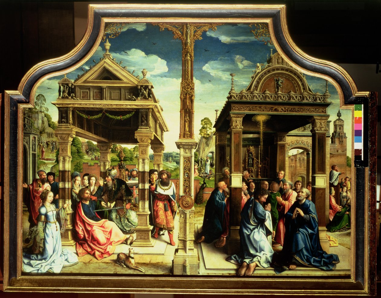 St. Thomas och St. Matteus altartavla, mittpanel av triptyk som visar scener från de två helgonens liv, inklusive St. Thomas