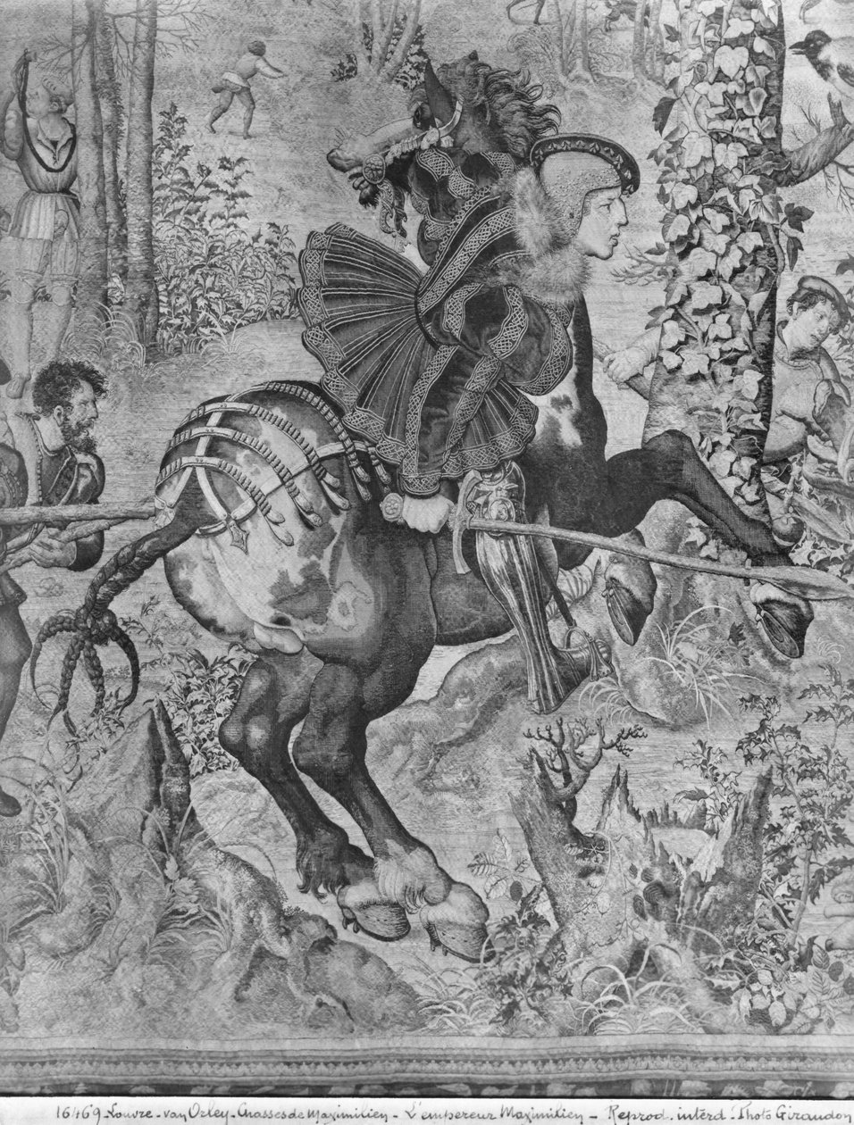 Maximilians jakt, Stenbocken, vildsvinsjakt, detalj av Maximilian I 1459-1519 Gobelinsfabriken, se även 138999 tapeter svartvitt foto av Bernard van Orley