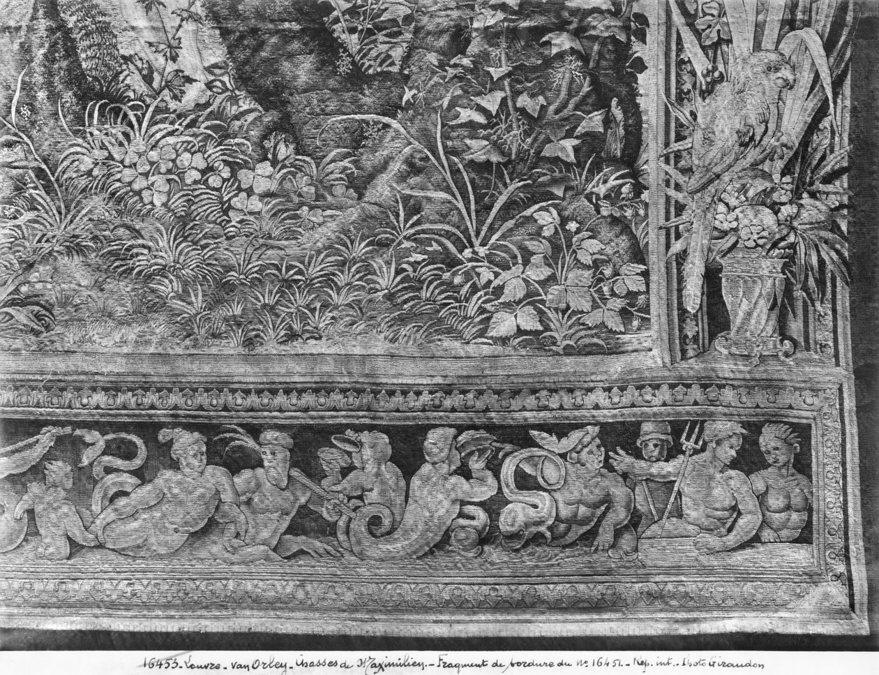 Maximilians jakt, Gemini, jakten på en hjort, församlingen, Gobelins fabrik detalj av bården se även 70347 tapet svart fotografi av Bernard van Orley