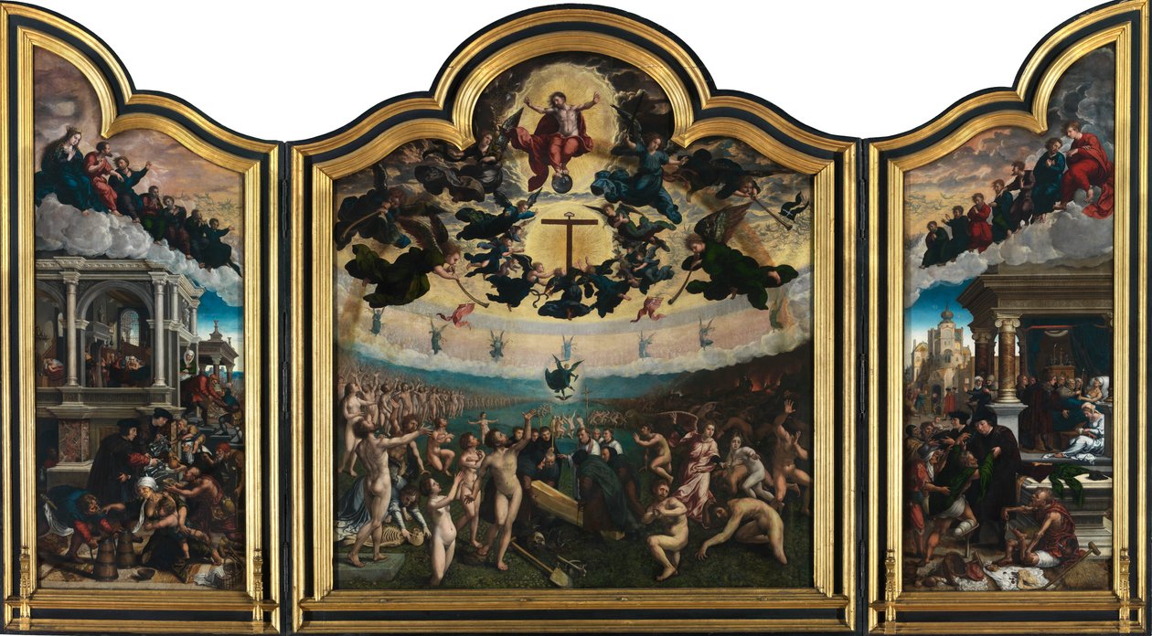Den sista domen och de sju barmhärtighetsverken (olja på panel) av Bernard van Orley