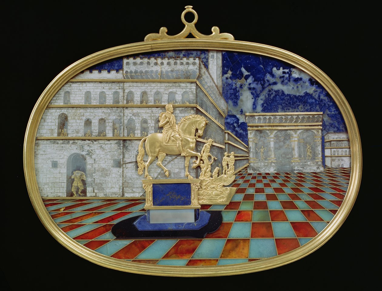 Miniatyrmosaik av en italiensk piazza, troligen Florens, innehållande brons och en ryttarstaty, mosaik av Gaffuri och guldbasreliefer av Bilivelt (guld, lapis lazuli och halvädelstenar) av Bernardino and Bilivert, Jacopo Gaffuri
