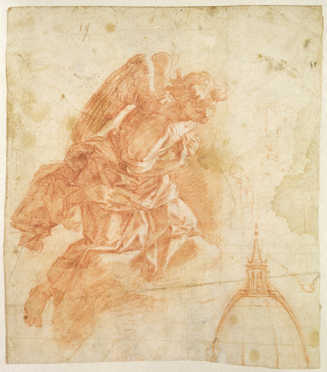 Upphängd ängel och arkitektonisk skiss, ca 1600 (röd krita på papper) av Bernardino Barbatelli Poccetti