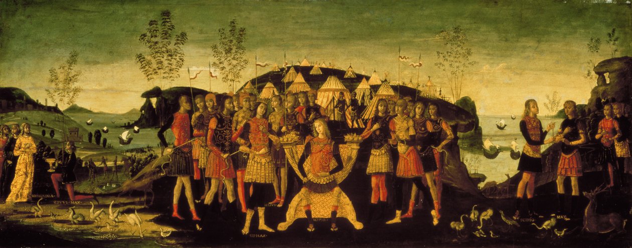 Scipio Africanus (237-183 f.Kr.), romersk general, med den fångna numidianske prinsen Sphax, vars hustru Sophonisba, en karthagisk adelsdam, står till vänster, ca 1490 av Bernardino Fungai