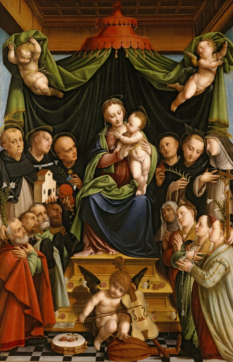 Madonna och barn tronade med heliga och donatorer av Bernardino Lanino