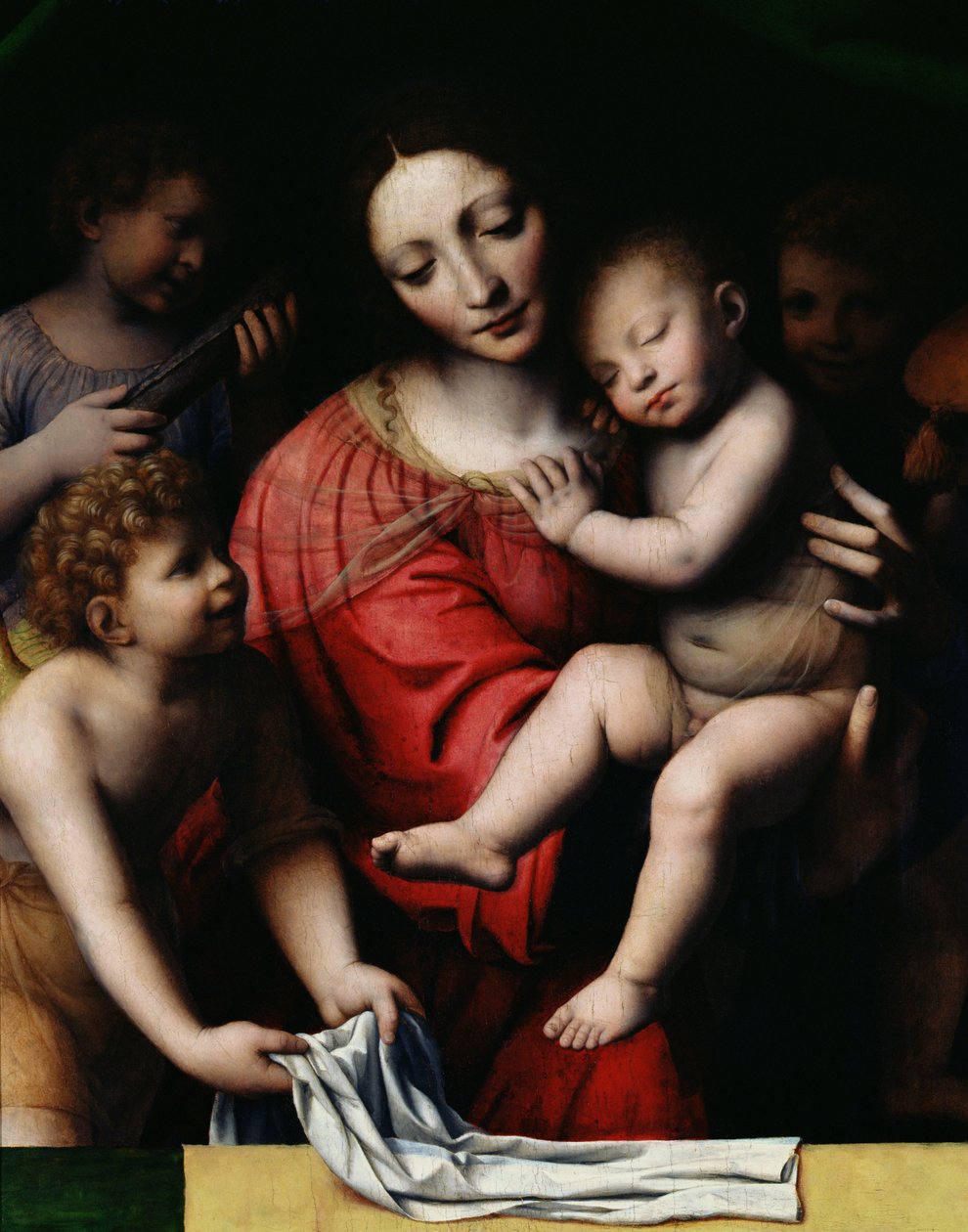 Den sovande Jesus, eller Madonna som håller det sovande barnet, åtföljd av tre änglar, 1532 av Bernardino Luini
