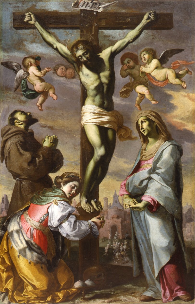 Korsfästelse med jungfruen och de heliga Francis och Agatha av Bernardino Mei