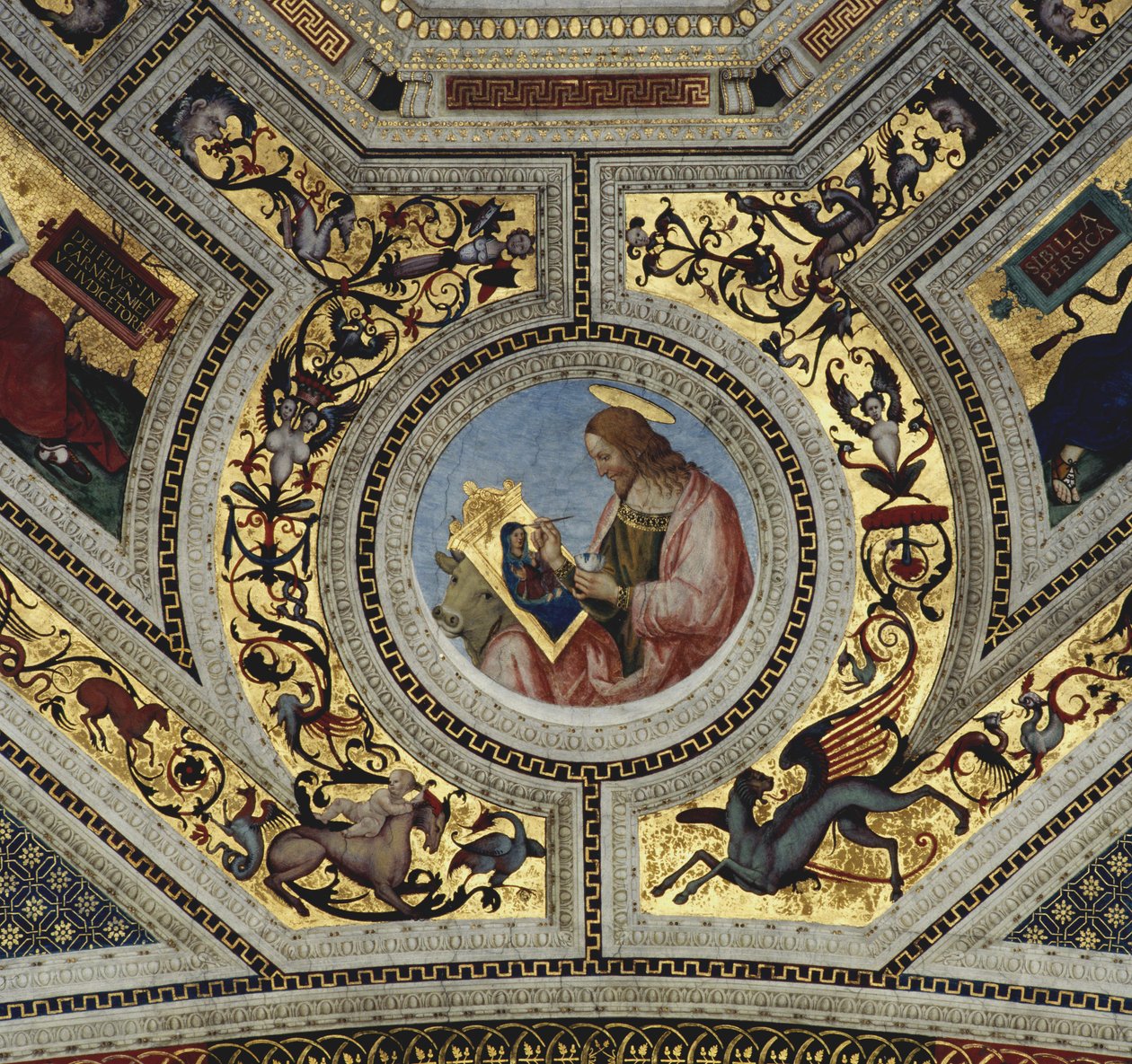 Presbyteriets valv med evangelisten Luke, Santa Maria del Popolo, Rom, ca 1484-92 av Bernardino di Betto Pinturicchio