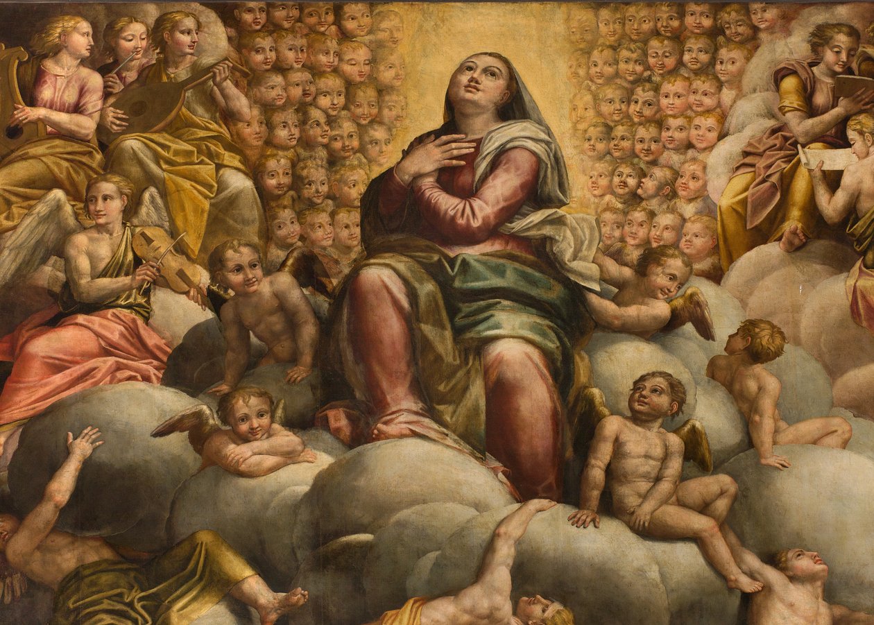 Apsid, altartavla av Bernardino Gatti kallad Il Sojaro kompletterad av Giovanni Battista Trotti kallad IL Malosso, Jungfruns antagande av Bernardino Gatti