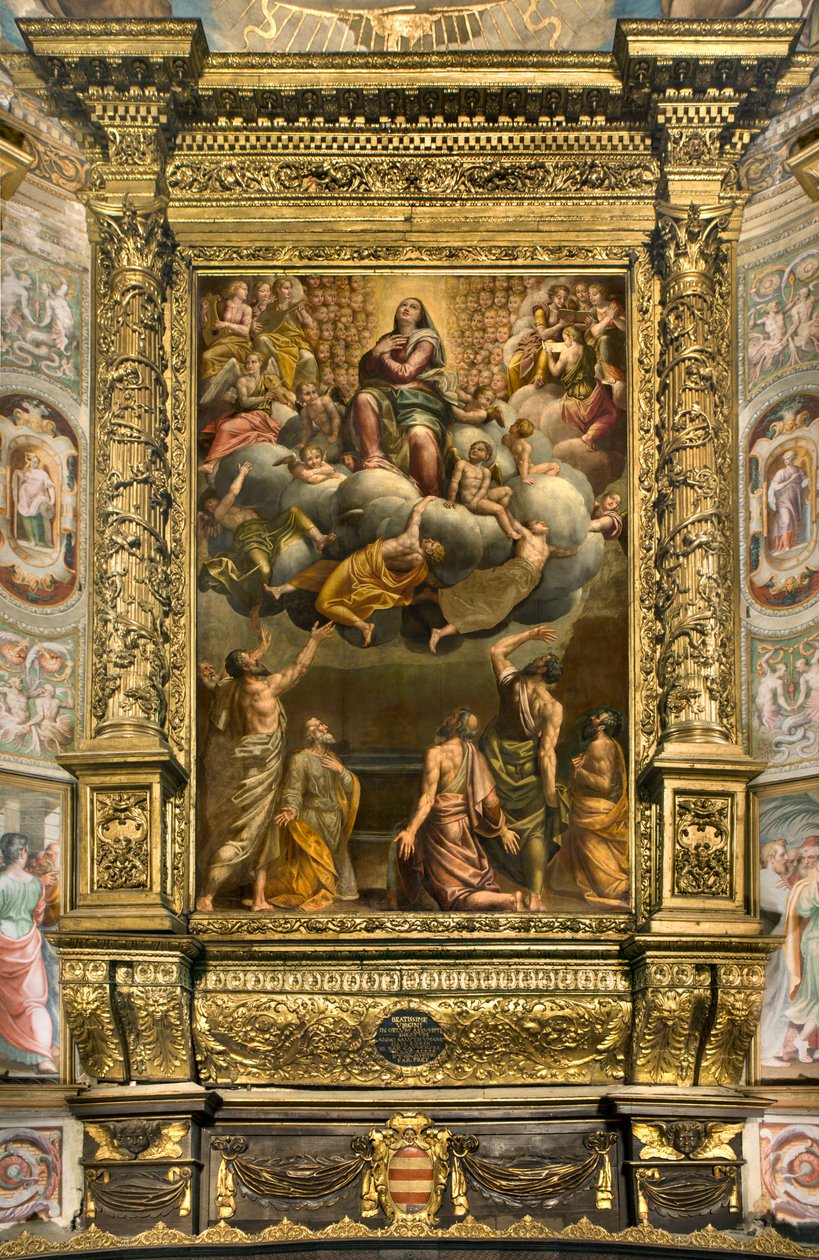 Apsid, altartavla av Bernardino Gatti kallad Il Sojaro kompletterad av Giovanni Battista Trotti kallad IL Malosso, Jungfruns antagande av Bernardino Gatti