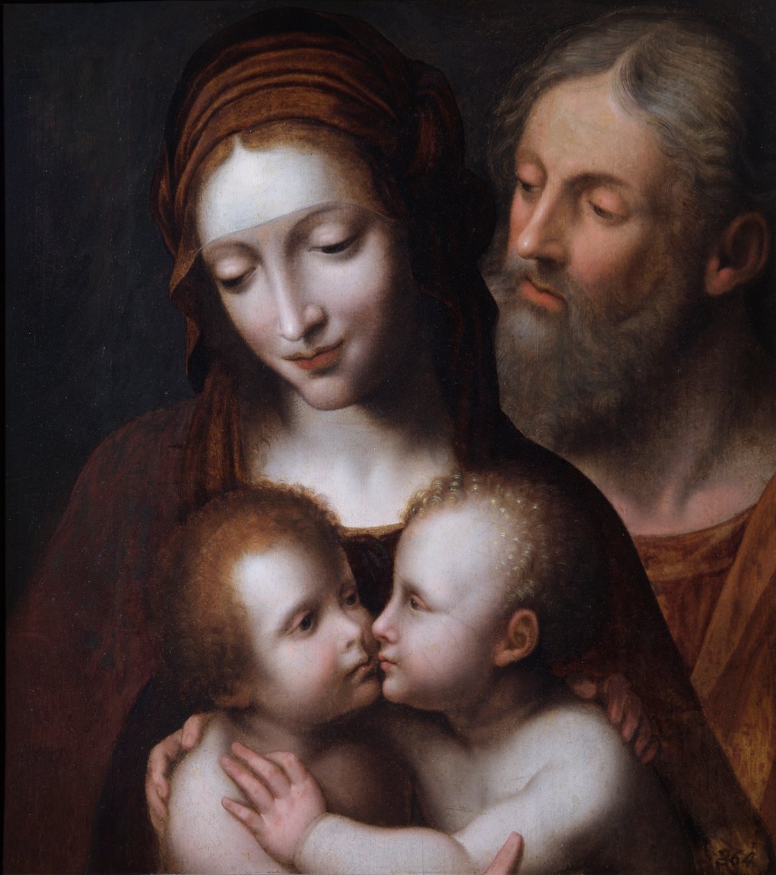 Den heliga familjen med spädbarnet St. John (olja på granpanel) av Bernardino (after) Luini