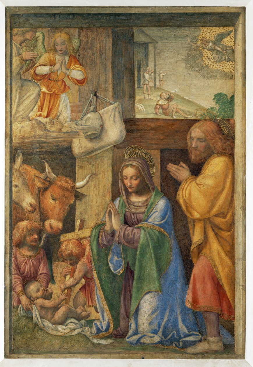 Jesu födelse och budskapet till herdarna. - Födelsekyrkan och ... av Bernardino (attr. to) Luini