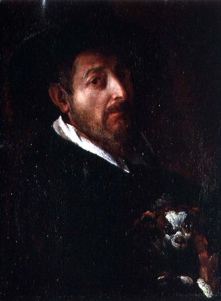 Självporträtt med en hund (olja på duk) av Bernardino Barbatelli Poccetti