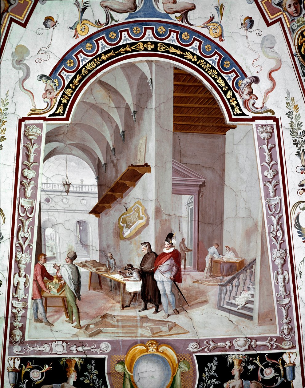 Utsikt över en arkitekts verkstad. Fresk av Bernardino Barbatelli dit il Poccetti (1548-1612) Uffizigalleriet från 1600-talet (kontor) Florens av Bernardino Barbatelli Poccetti