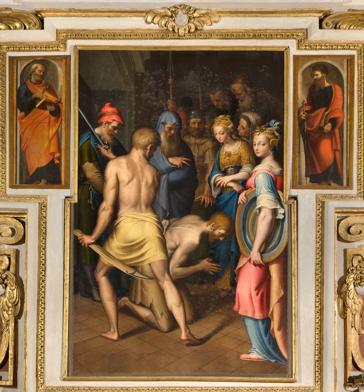 Chapel of Our Lady of the People, andra spannets norra sida, Bernardino Campi, Baptistens dekollering 1569, På sidorna St. Peter och St. Paul 1520-30 av Bernardino Campi
