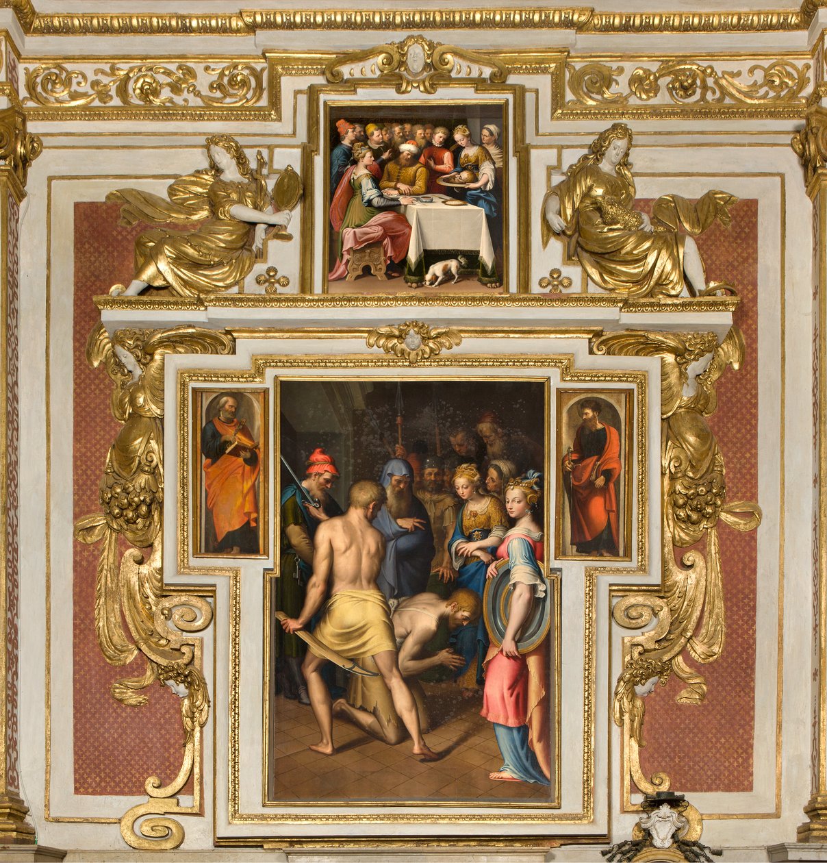 Vår Fru av folkets kapell, andra spannets norra sida, Bernardino Campi, Döparens dekollering 1569, På sidorna St. Peter och St. Paul 1520-30, Bernardino Campi, Herodes bankett 1569 av Bernardino Campi