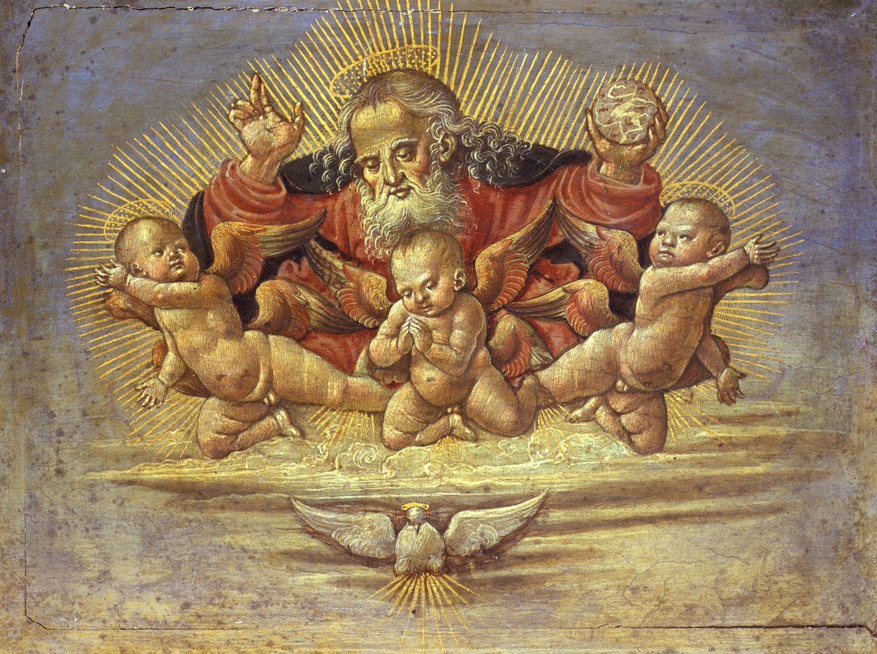 Del av ett altarstycke föreställande Gud Fadern med tre änglar, ca 1500 (tempera på trä) av Bernardino Fungai