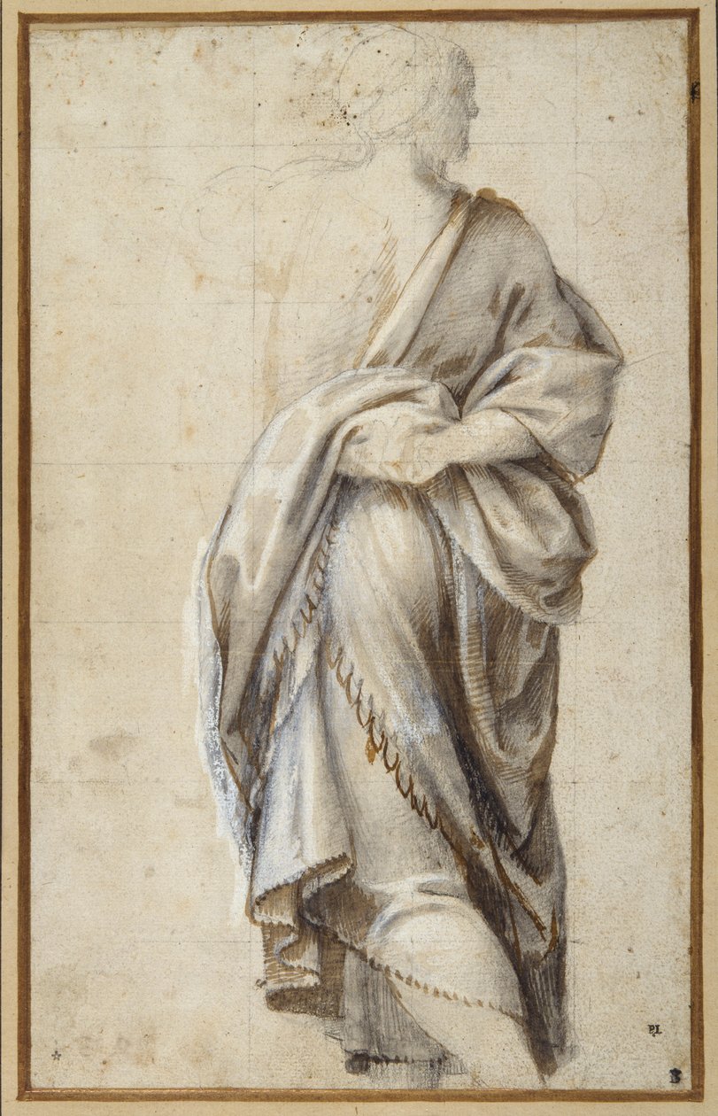 Studera för en figur i Tillbedjan av Magi (penna & brunt bläck med kroppsfärg på papper) av Bernardino  Gatti