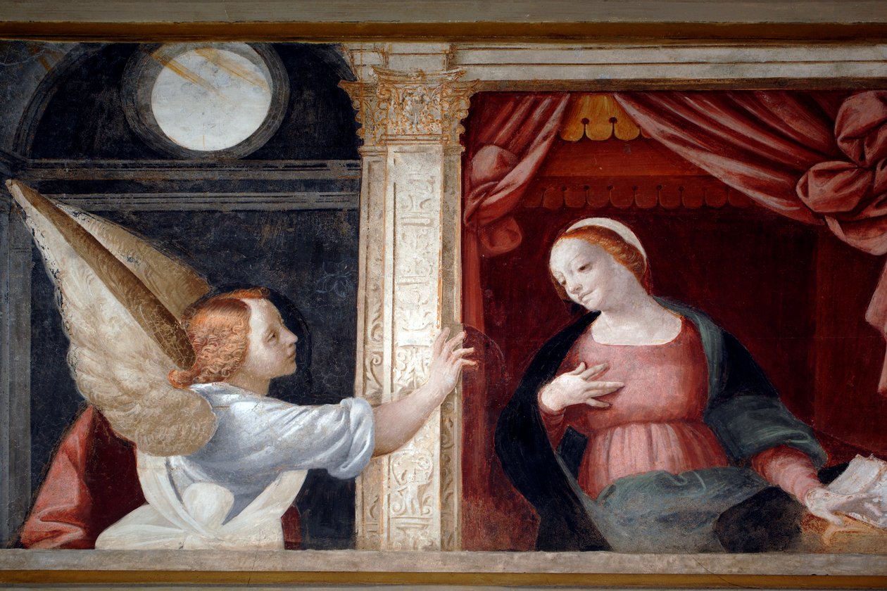 Annunciation, detalj från Cycle of Virgin (1553), fresk av Bernardino Lanino (1512-1583), nedre sakristian i Novara Cathedral, Piemonte, Italien av Bernardino Lanino