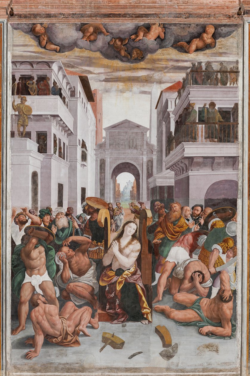 Detalj av Saint Catherines martyrskap (fresk) av Bernardino Lanino