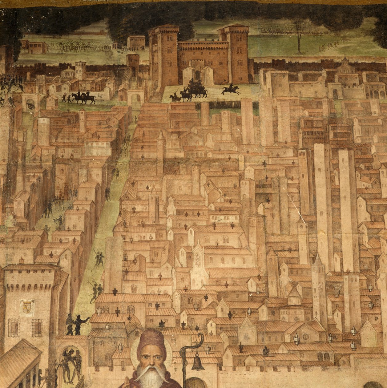 St Anthony och utsikt över Pavia, detalj från Stories of St Theodore cycle, fresker av Bernardino Lanzani (1460-1530 ca), St Theodore