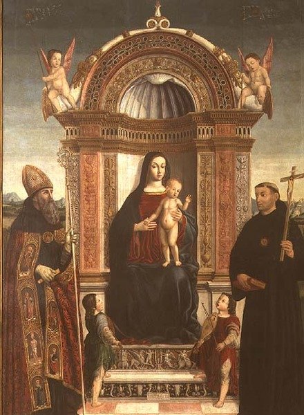 Madonna och barn med St. Nicholas av Tolentino och St. Augustine av Bernardino Loschi