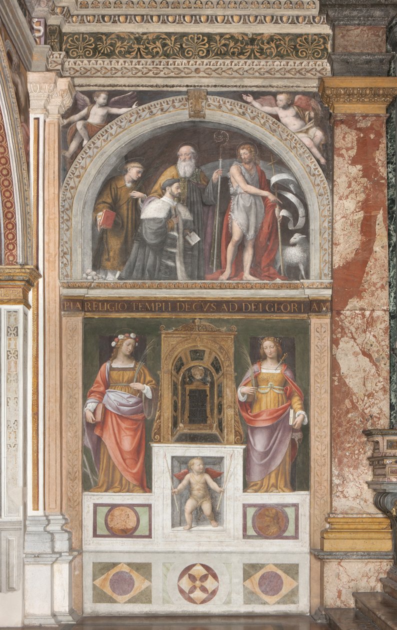 Alessandro Bentivoglio med helgon och nedanför Saint Rose och Saint Justina (fresk) (detalj av 3497192) av Bernardino Luini