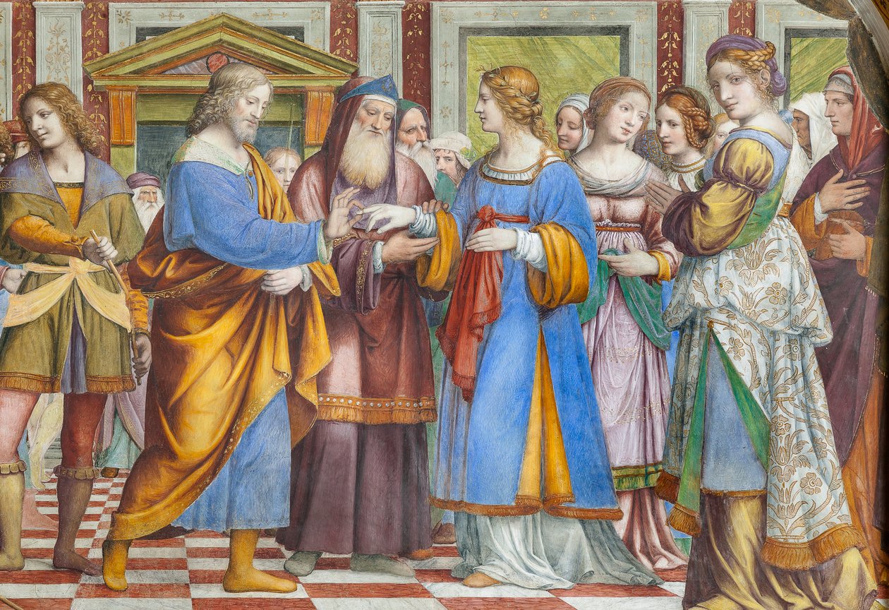 Detalj av Jungfru Marias äktenskap (fresk) av Bernardino Luini