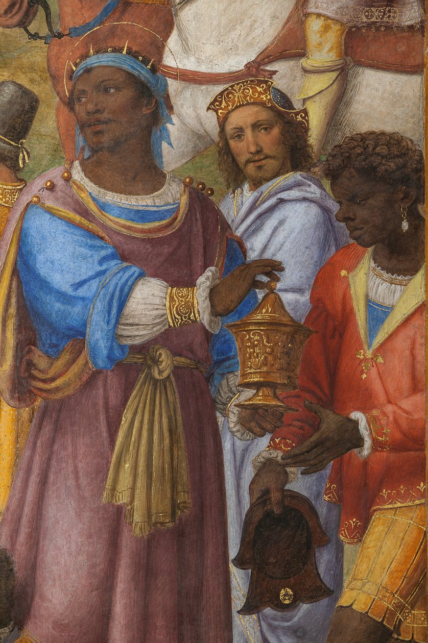 Detalj av tillbedjan av de tre vise männen, presbyteriet eller huvudkapellet (fresk) av Bernardino Luini