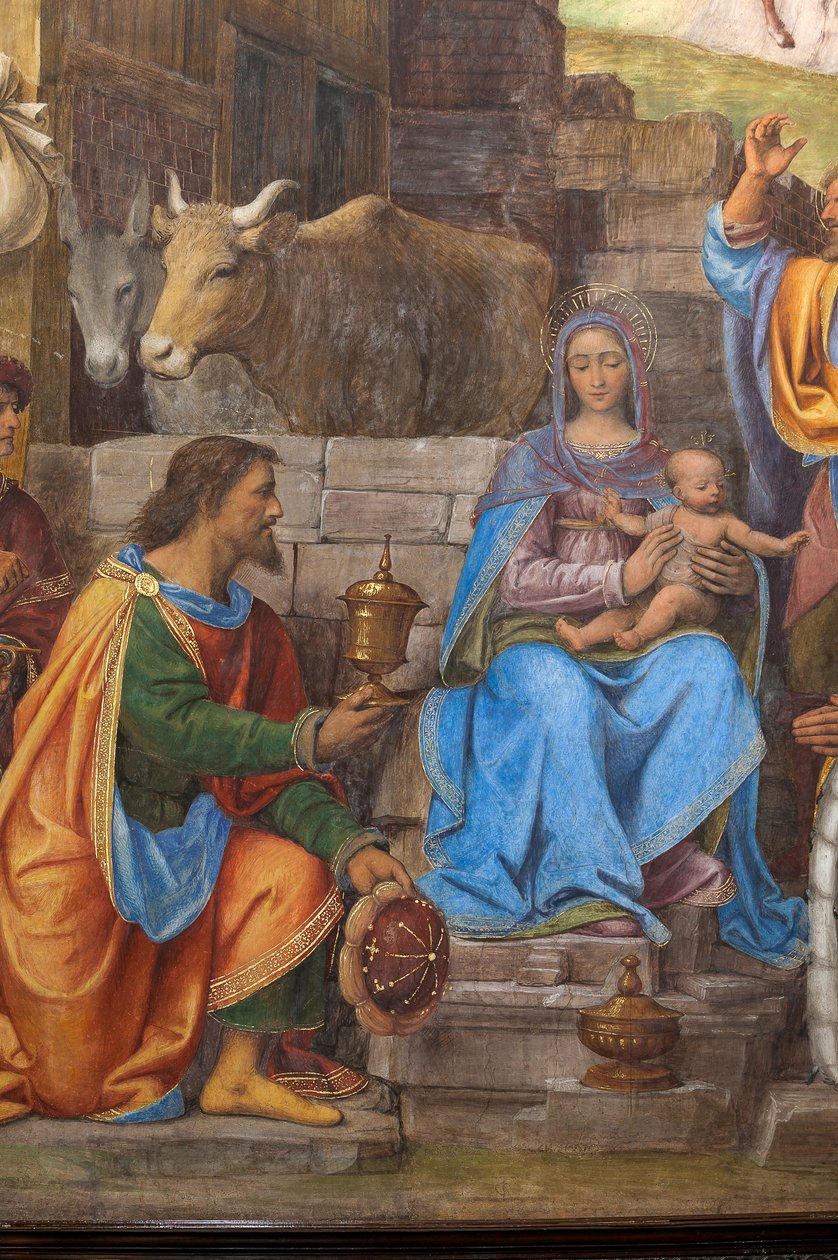 Detalj av tillbedjan av de tre vise männen, presbyteriet eller huvudkapellet (fresk) av Bernardino Luini
