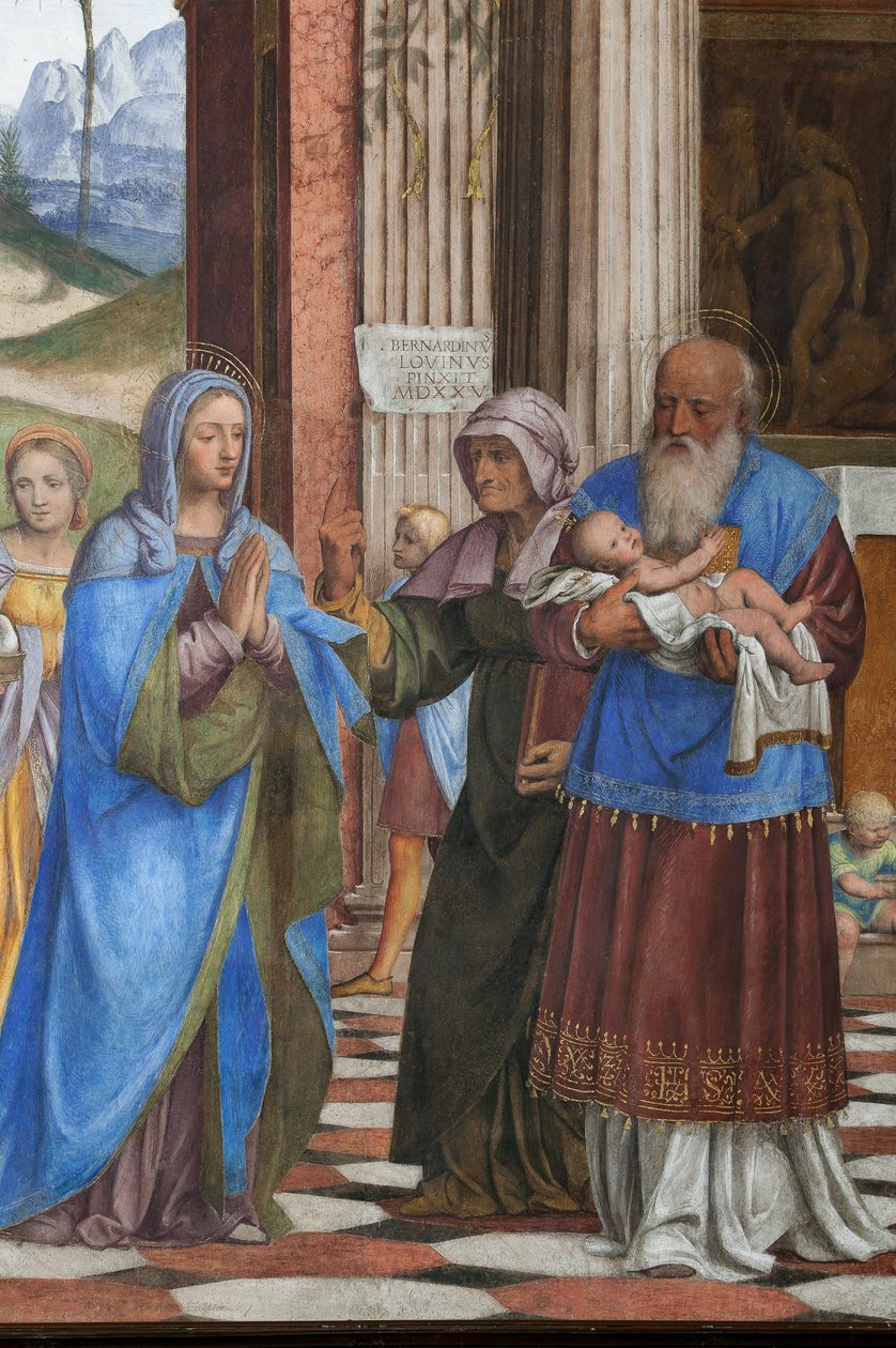 Detalj av presentationen av Jesus vid templet (fresk) av Bernardino Luini