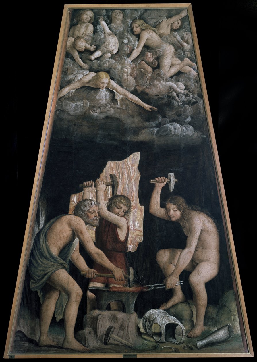 Gudomliga vapen smidda i vulkanens smedja framför några änglar som ligger i molnen, Detalj (Fresco av Bernardino Luini