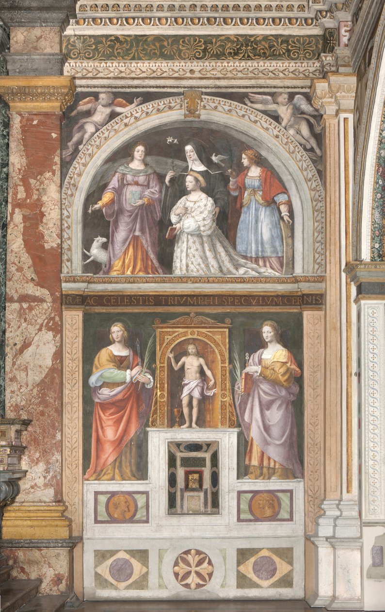 Ippolita Sforza med Saint Agnes och Saint Catherine och nedan Saint Apollonia och Saint Lucy, ca 1522-25 (fresk) (detalj av 3497192) av Bernardino Luini