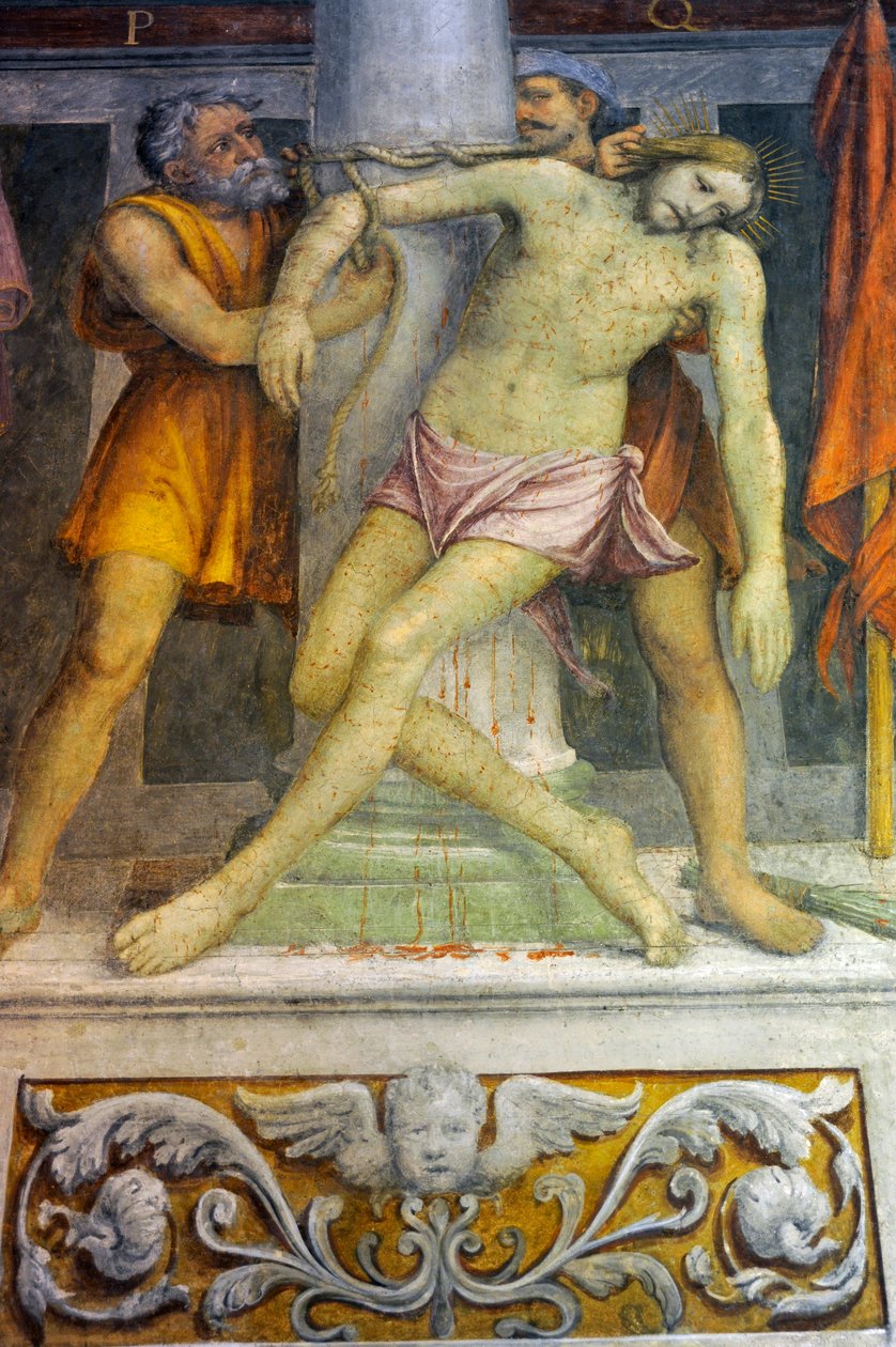 Jesus bunden till kolumn, fresk av Bernardino Luini i kyrkan Saint Maurice vid Maggiore-klostret, Milano, Lombardiet, Italien av Bernardino Luini