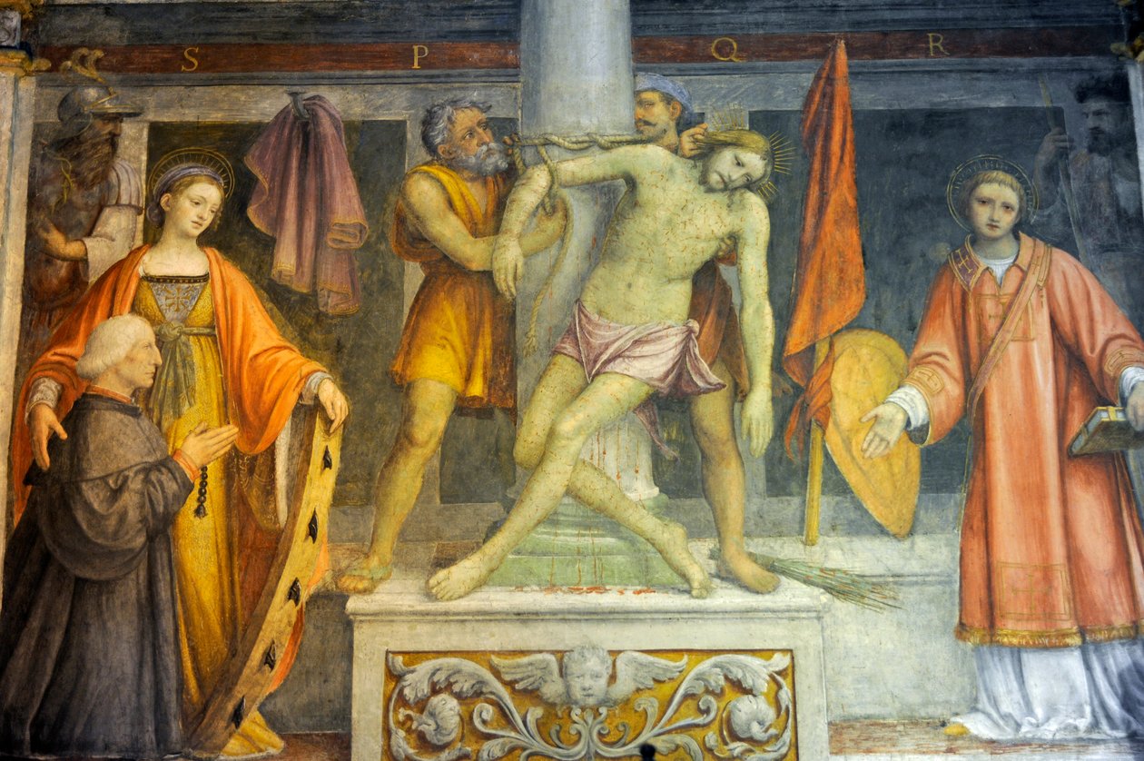 Jesus bunden till kolumn, fresk av Bernardino Luini i kyrkan Saint Maurice vid Maggiore-klostret, Milano, Lombardiet, Italien av Bernardino Luini